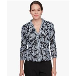 Alex Evening Women's Stretch Embroidered Black Mesh Formal Blouse XL